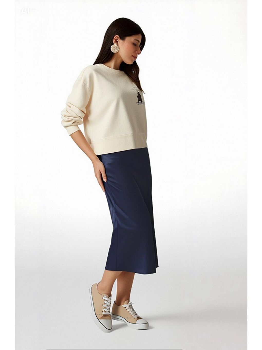 Kadın Lacivert Saten Yüzeyli Beli Lastikli Midi Boy Etek Hzl23s-bd1101471-2