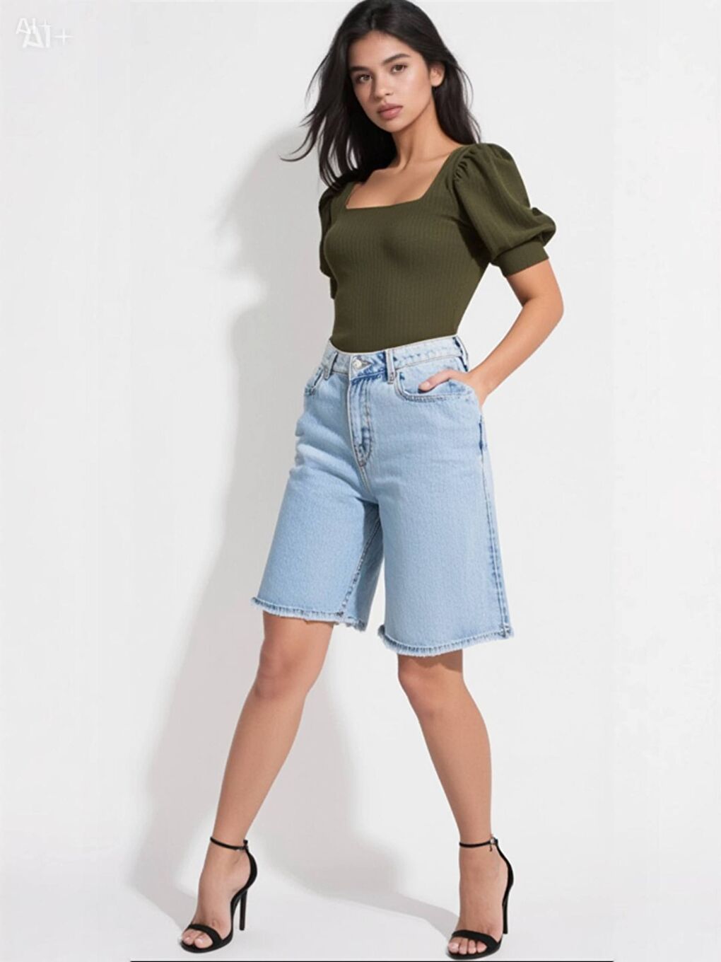 Kadın Haki Kare Yaka Örme Bluz Hzl22w-bd104091-1