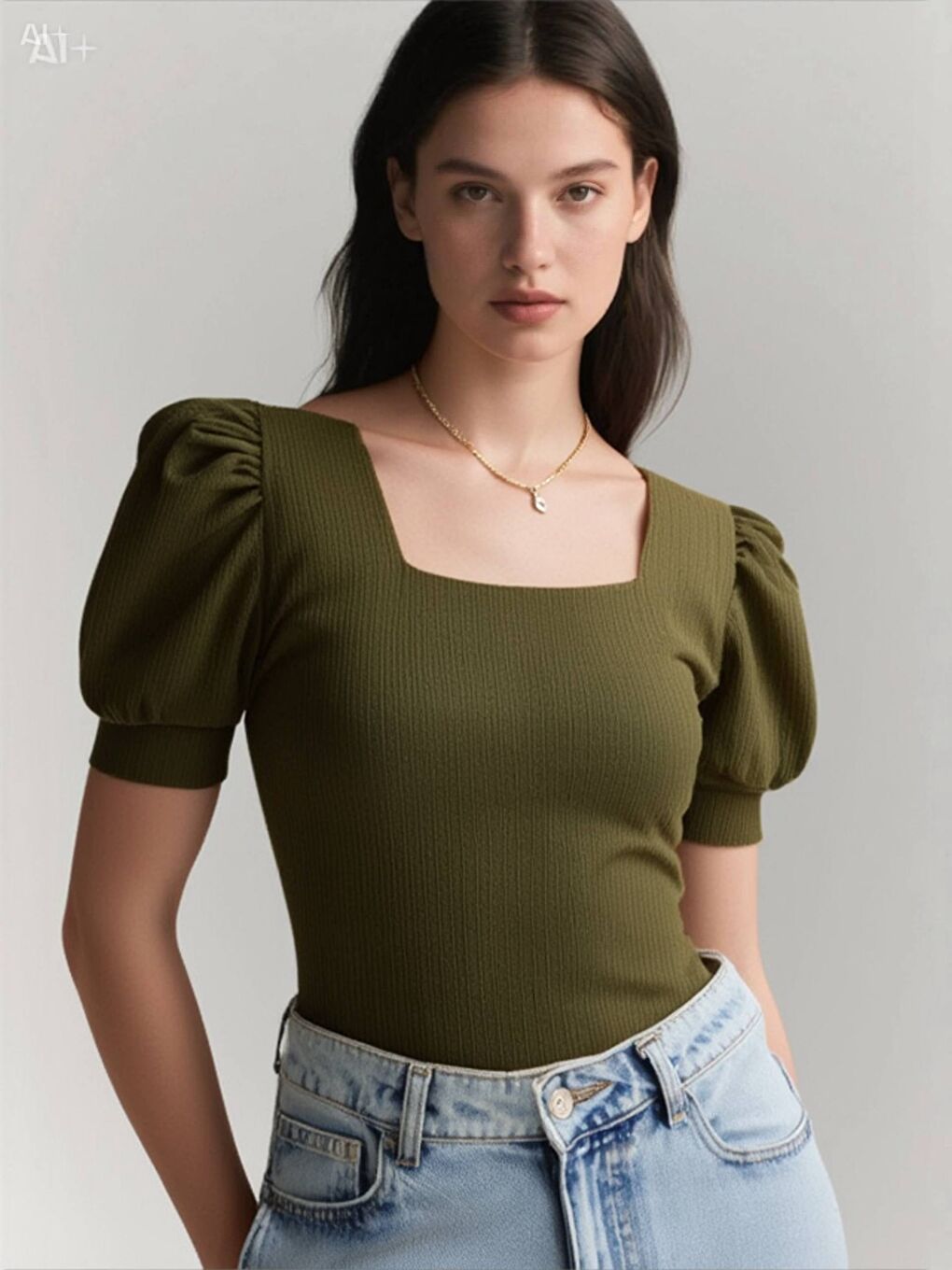 Kadın Haki Kare Yaka Örme Bluz Hzl22w-bd104091-2