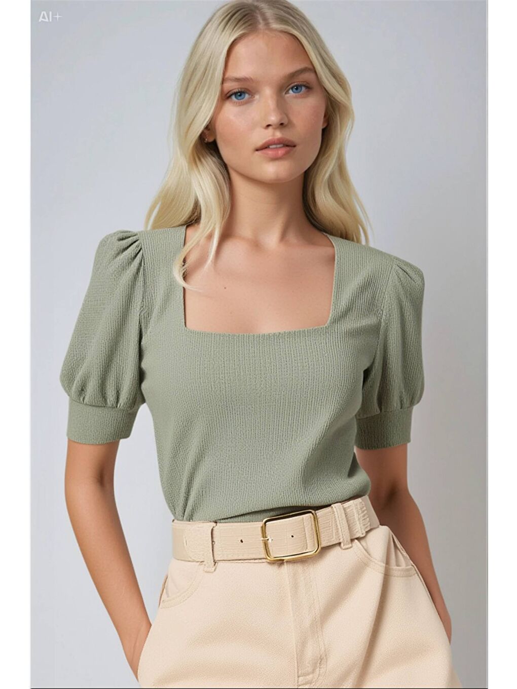 Kadın Çağla Yeşili Kare Yaka Örme Bluz HZL22W-BD104091