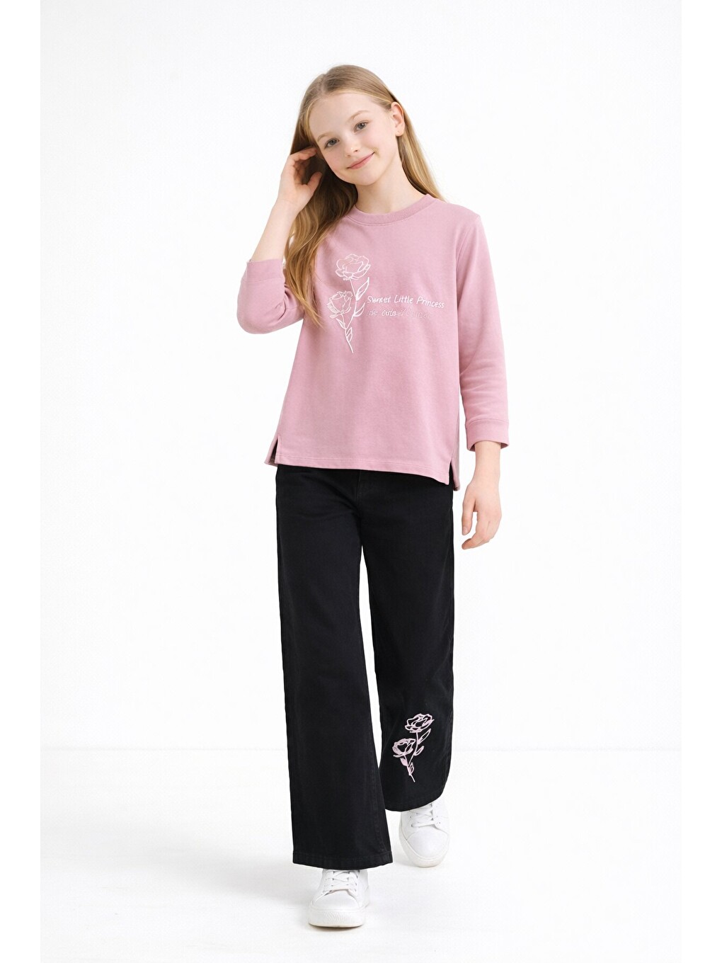 Pembe Gül Nakışlı Badili Jean Pantolonlu Kız Çocuk 2li Takım 23750-2