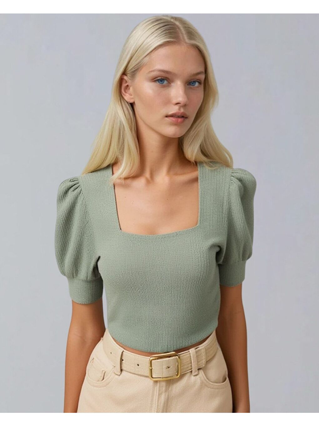 Kadın Çağla Yeşili Kare Yaka Örme Bluz HZL22W-BD104091-1