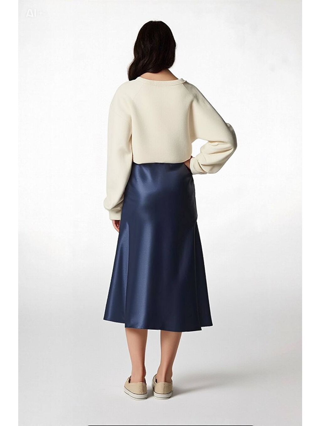 Kadın Lacivert Saten Yüzeyli Beli Lastikli Midi Boy Etek Hzl23s-bd1101471-8