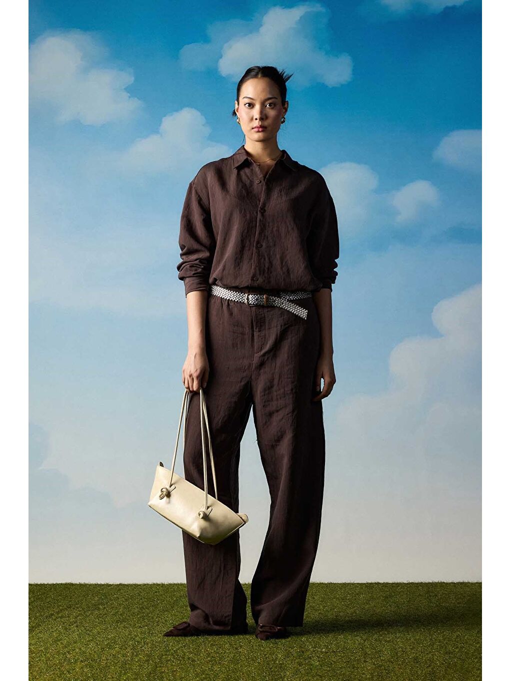 Erkek Baggy Çizgili %100 Pamuk Gömlek Pantolon İkili Takım Kahverengi-2