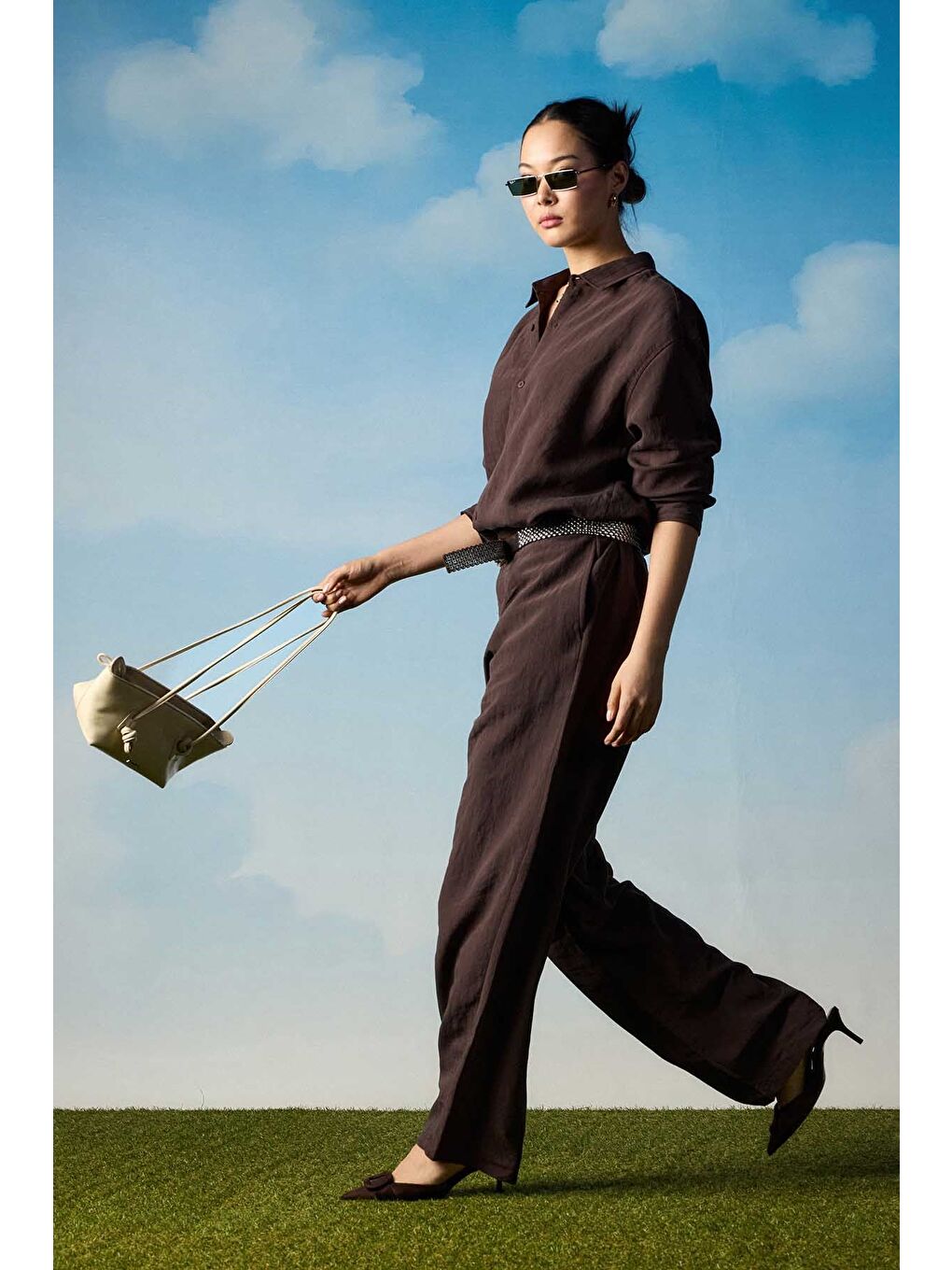 Erkek Baggy Çizgili %100 Pamuk Gömlek Pantolon İkili Takım Kahverengi-3