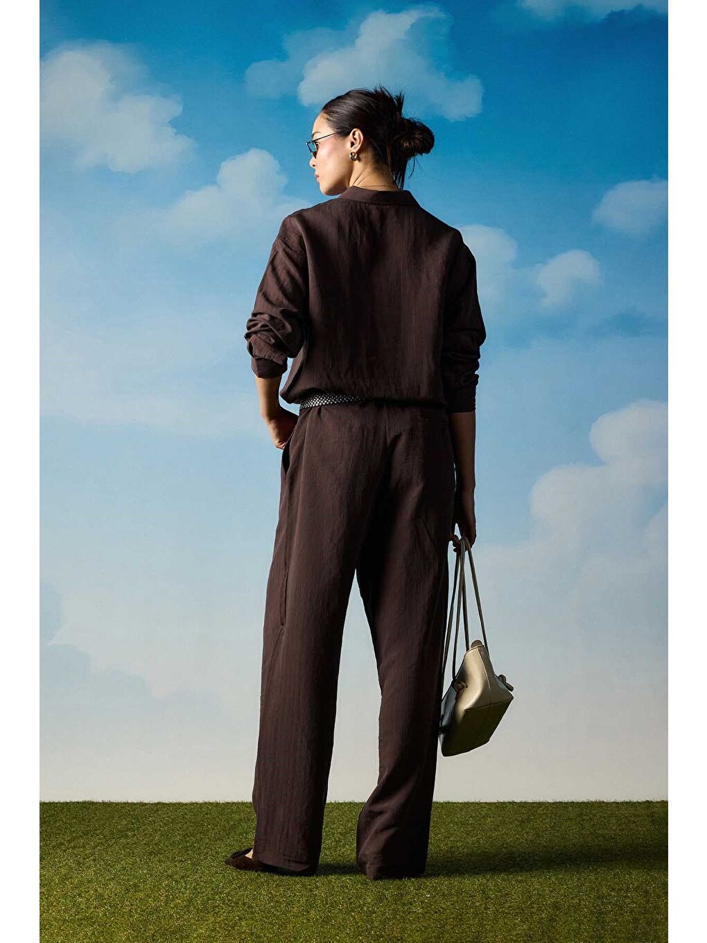 Erkek Baggy Çizgili %100 Pamuk Gömlek Pantolon İkili Takım Kahverengi-4