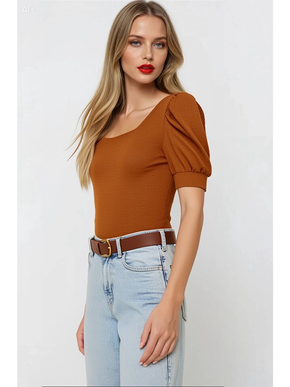 Kahverengi Kadın Taba Kare Yaka Örme Bluz HZL22W-BD104091-1