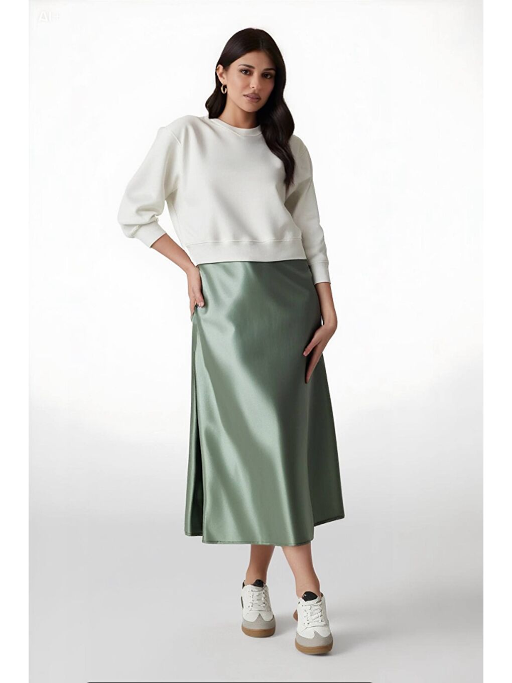 Yeşil Kadın Çağla Saten Yüzeyli Beli Lastikli Midi Boy Etek Hzl23s-bd1101471