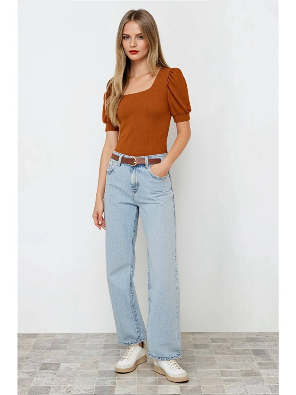 Kahverengi Kadın Taba Kare Yaka Örme Bluz HZL22W-BD104091-2