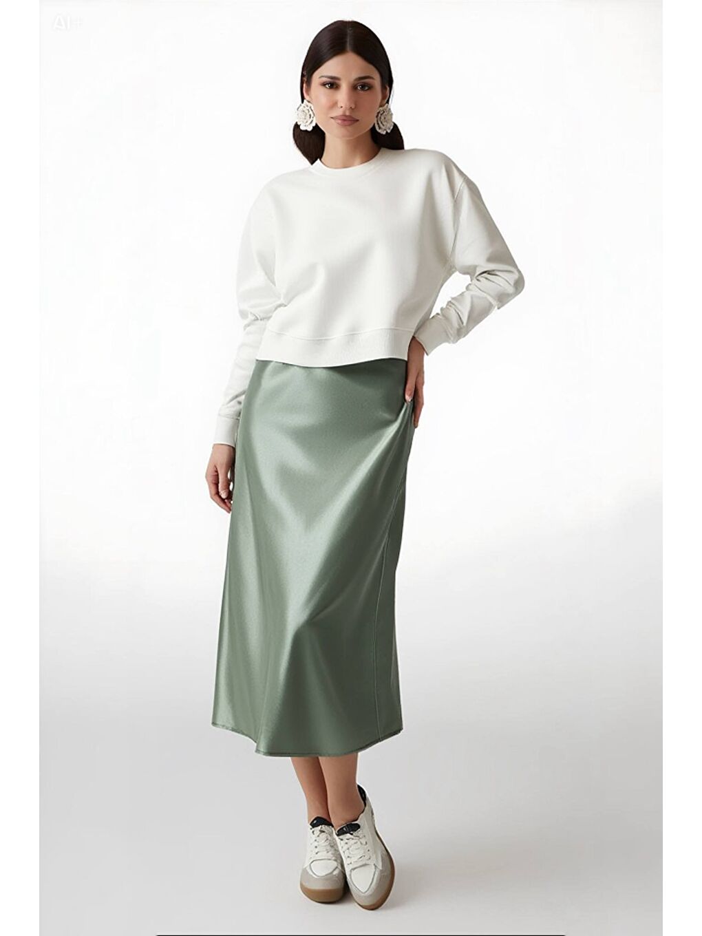 Yeşil Kadın Çağla Saten Yüzeyli Beli Lastikli Midi Boy Etek Hzl23s-bd1101471-2
