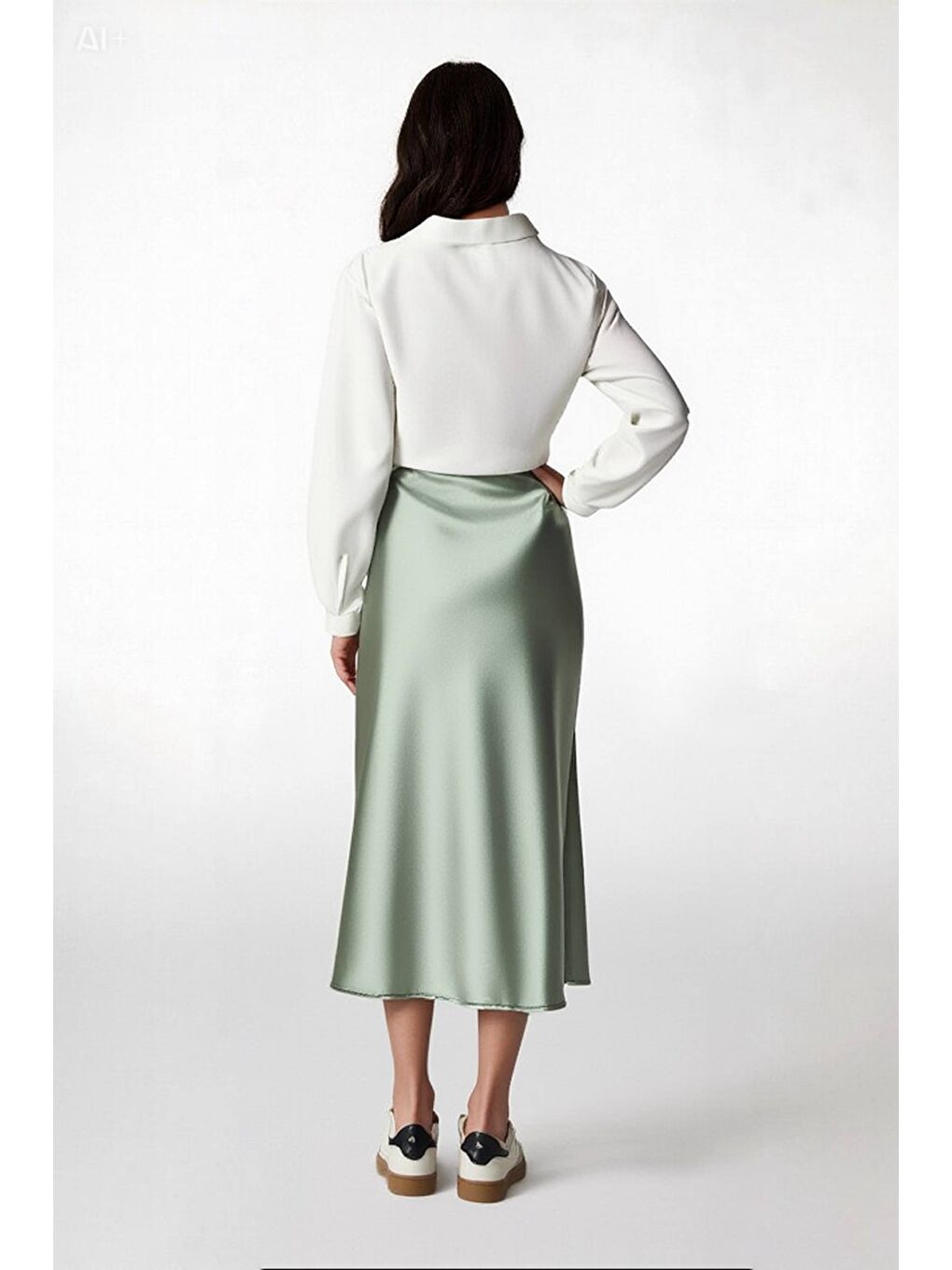 Yeşil Kadın Çağla Saten Yüzeyli Beli Lastikli Midi Boy Etek Hzl23s-bd1101471-3