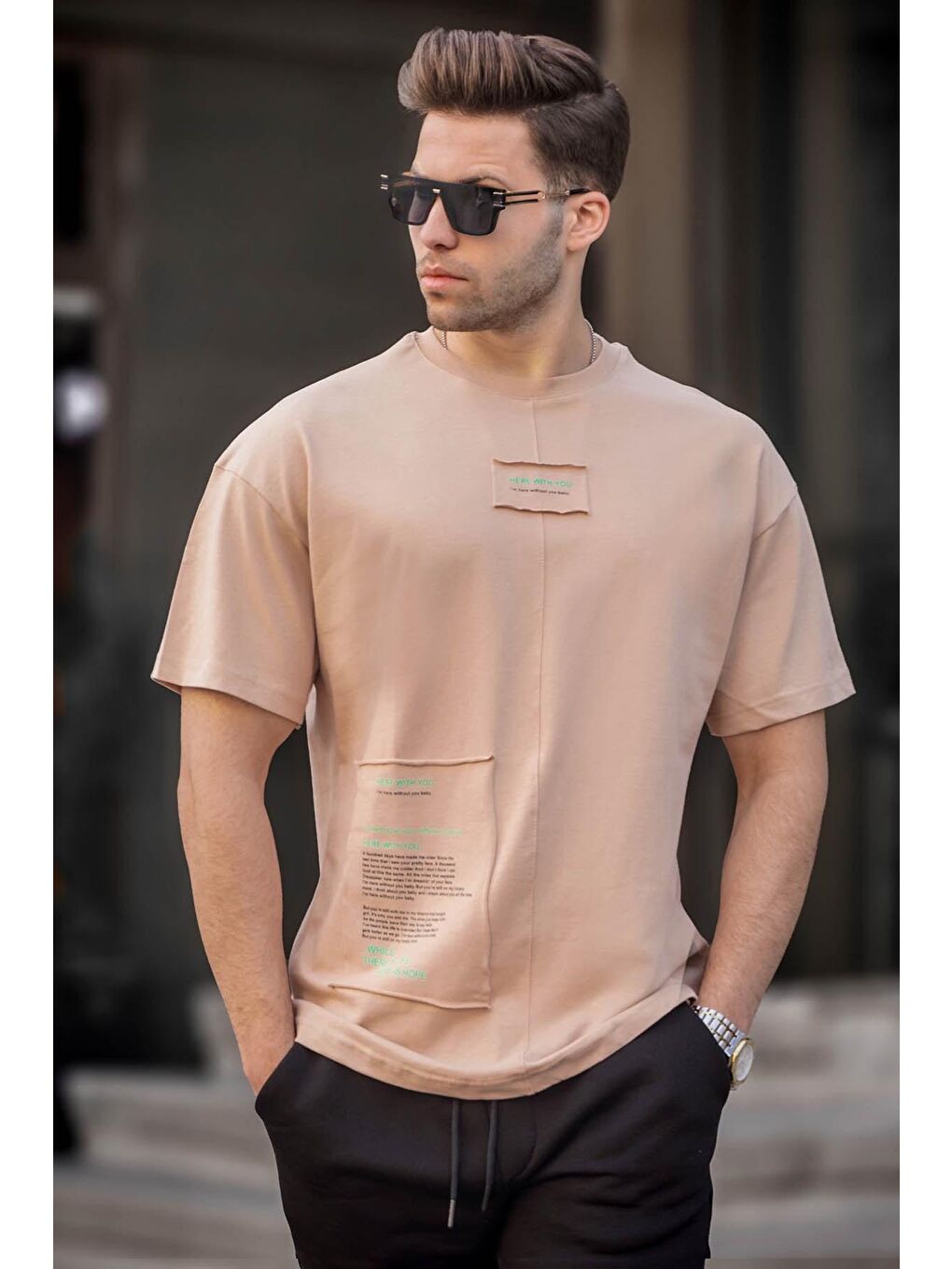 Bej Vizon Yamalı Pamuklu Erkek Tişört 6068