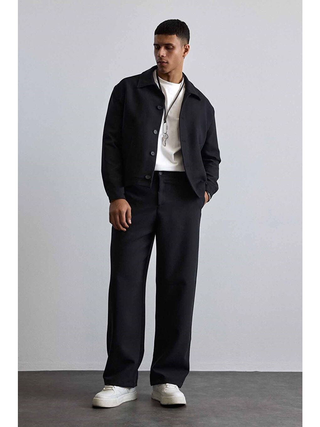 Erkek Smart Casual Bol Paça Relaxed Fit Pantolon Siyah-6