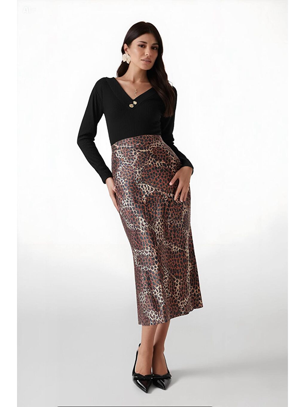 Kadın Kahverengi Leopar Desenli Saten Yüzeyli Beli Lastikli Midi Boy Etek Hzl23s-bd1101471