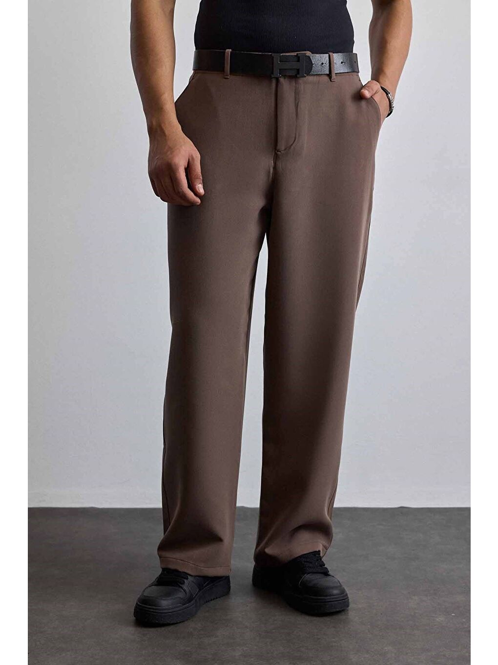 Erkek Smart Casual Bol Paça Relaxed Fit Pantolon Kahverengi-2