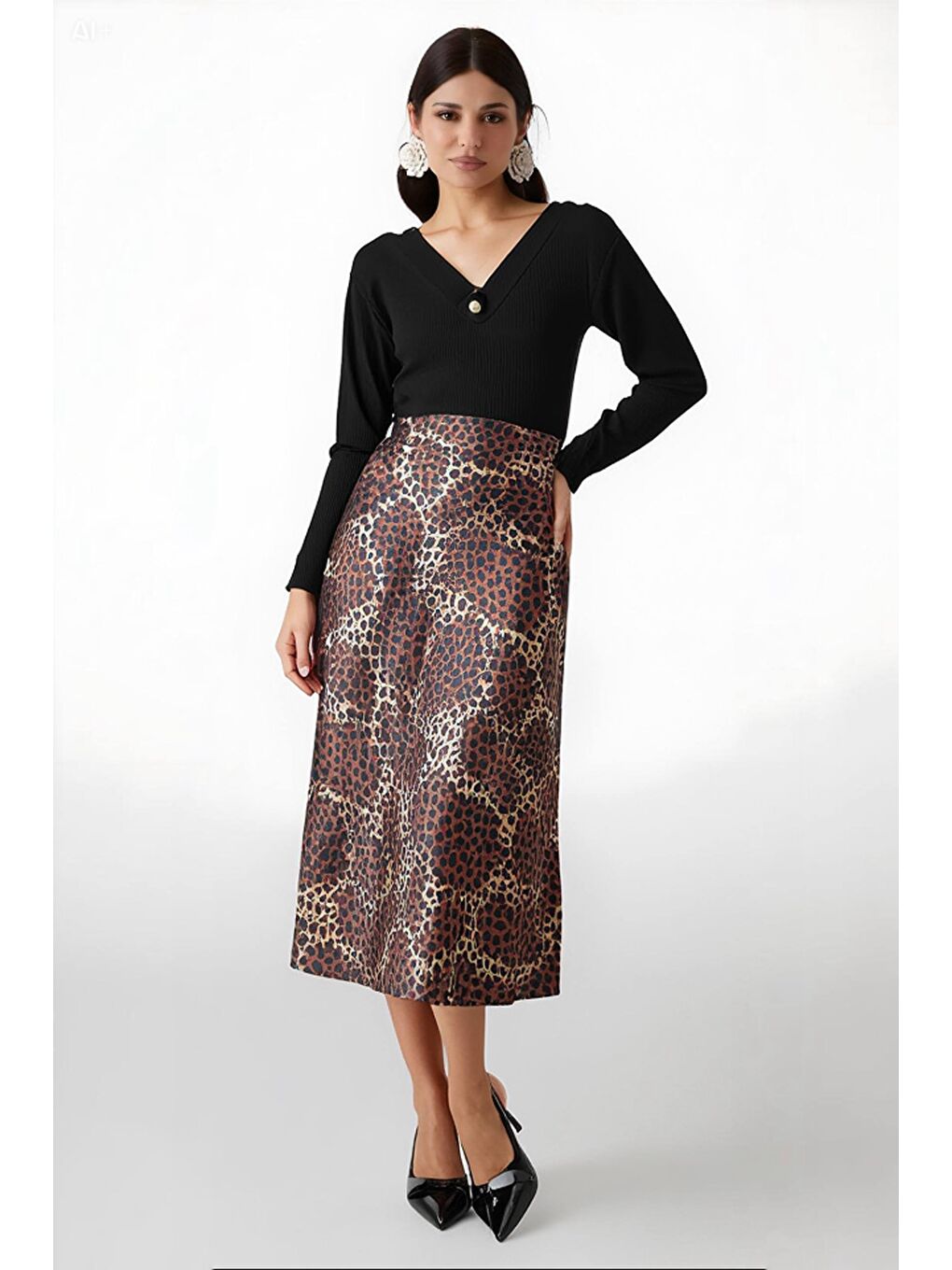 Kadın Kahverengi Leopar Desenli Saten Yüzeyli Beli Lastikli Midi Boy Etek Hzl23s-bd1101471-1