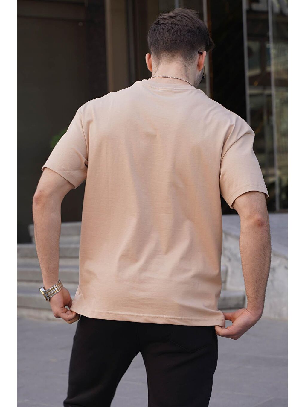 Bej Vizon Yamalı Pamuklu Erkek Tişört 6068-1