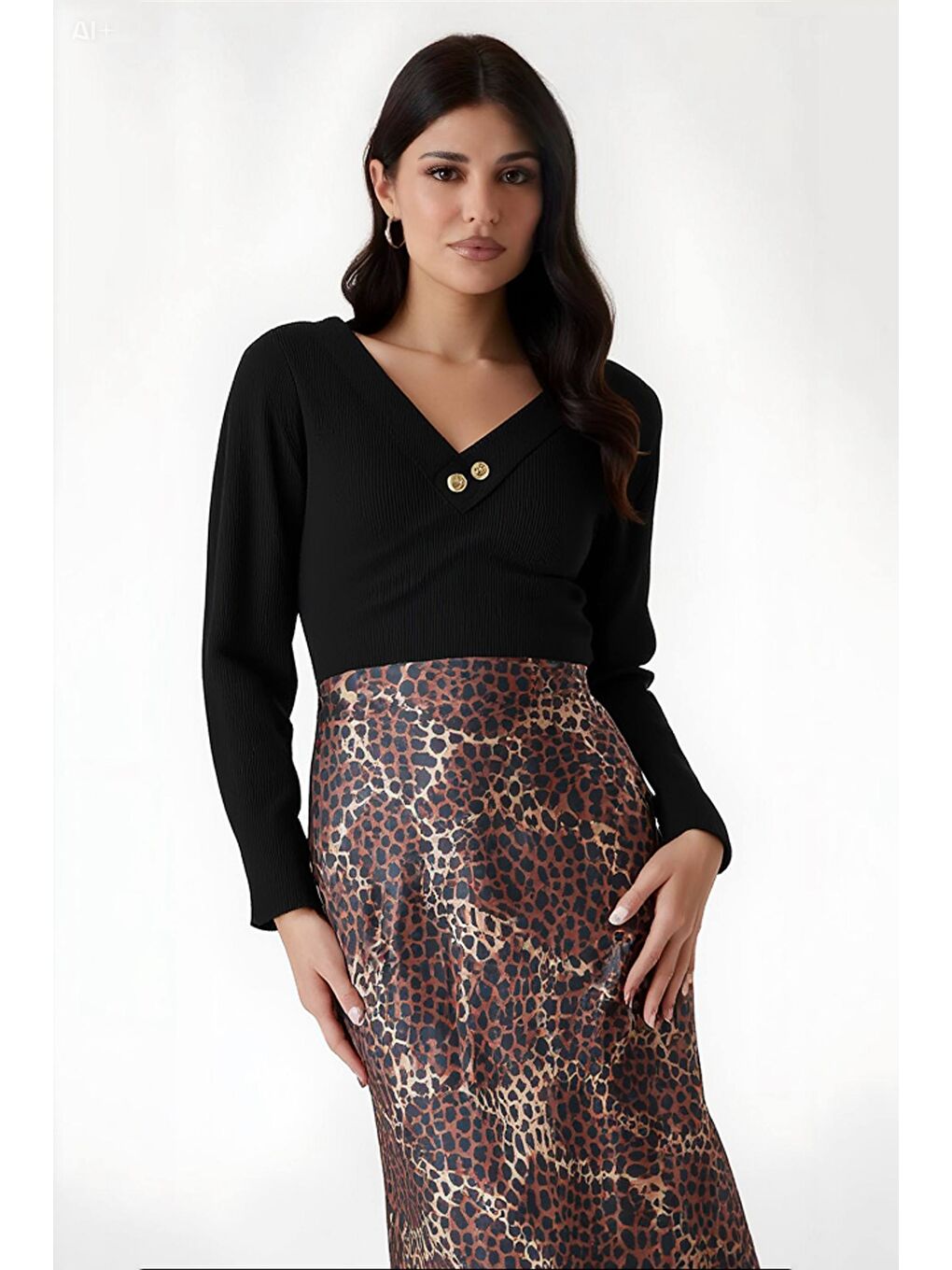 Kadın Kahverengi Leopar Desenli Saten Yüzeyli Beli Lastikli Midi Boy Etek Hzl23s-bd1101471-2