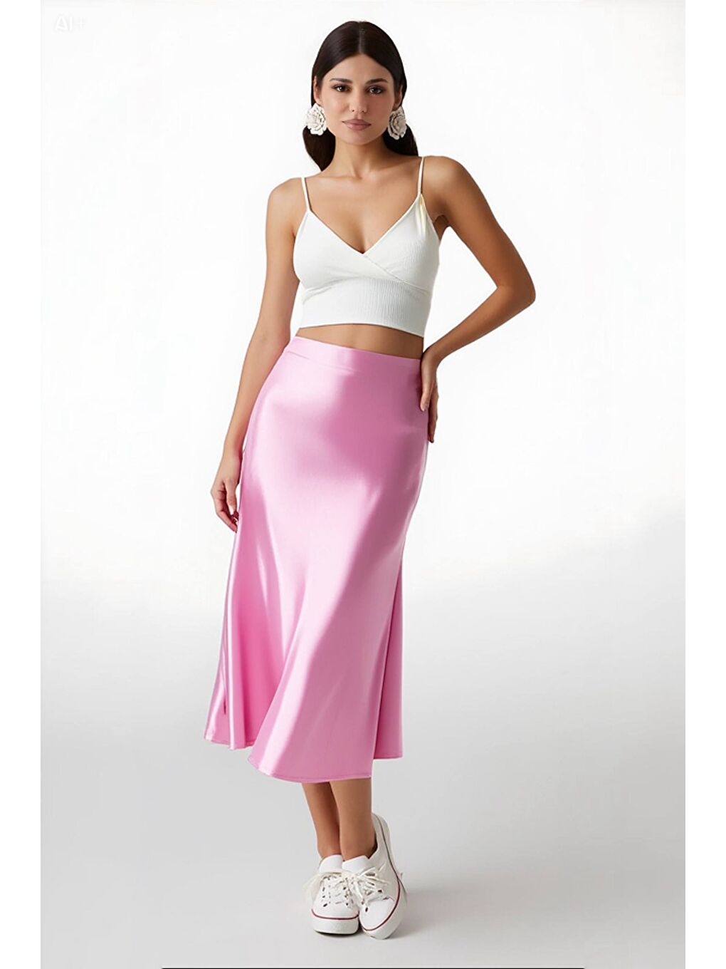 Kadın Pembe Saten Yüzeyli Beli Lastikli Midi Boy Etek Hzl23S-BD1101471