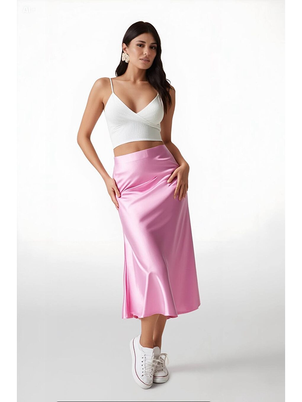 Kadın Pembe Saten Yüzeyli Beli Lastikli Midi Boy Etek Hzl23S-BD1101471-1