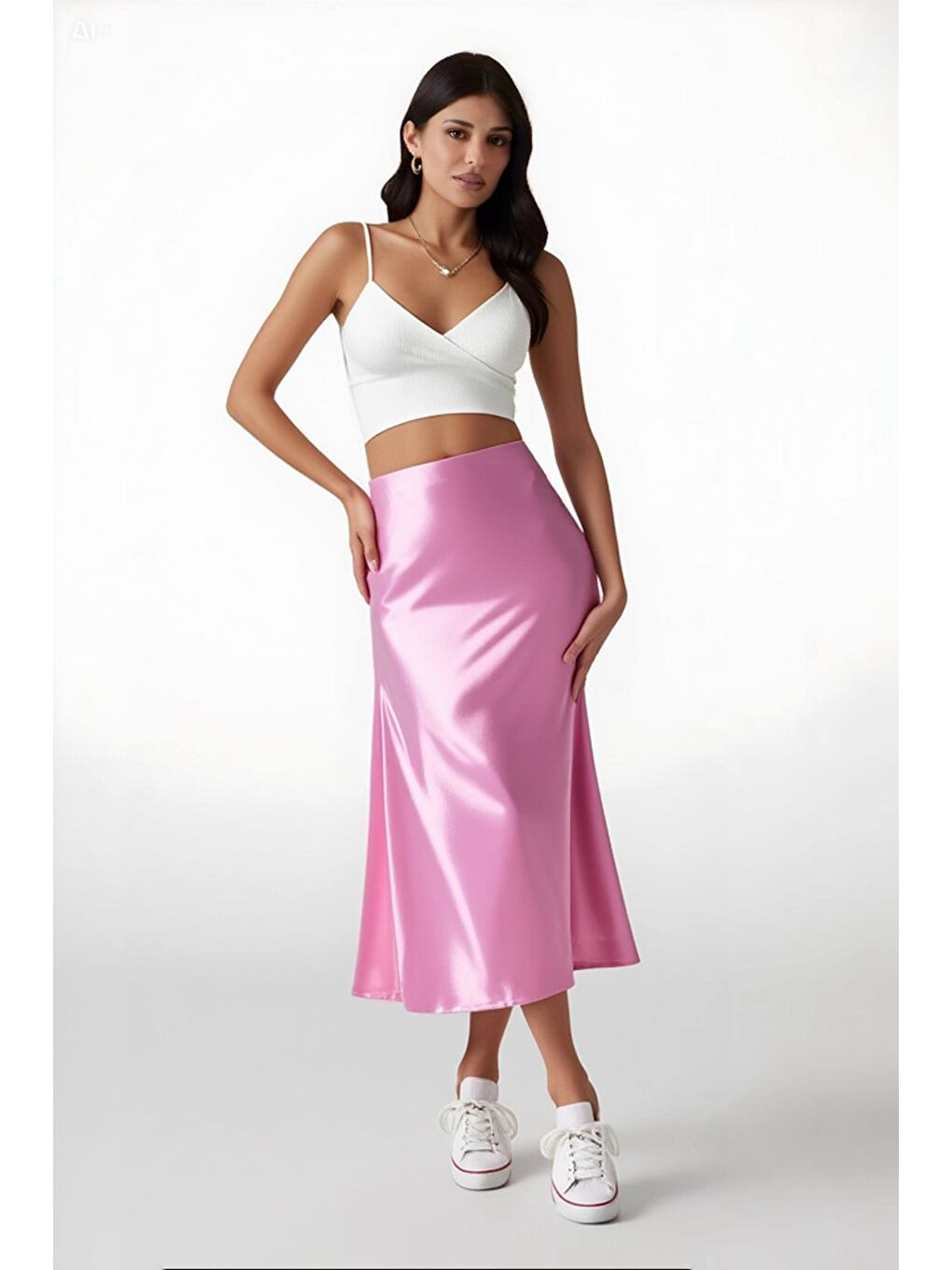 Kadın Pembe Saten Yüzeyli Beli Lastikli Midi Boy Etek Hzl23S-BD1101471-2