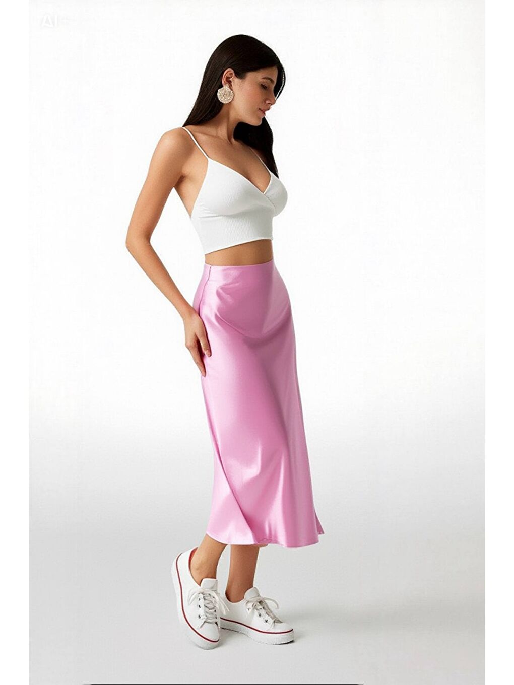 Kadın Pembe Saten Yüzeyli Beli Lastikli Midi Boy Etek Hzl23S-BD1101471-3