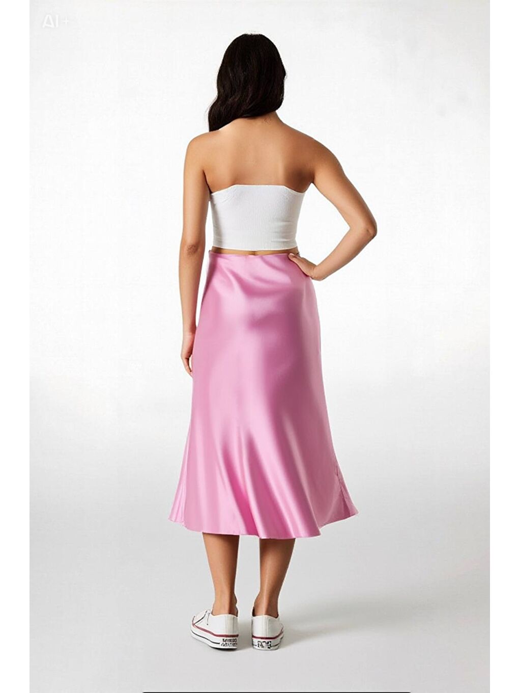 Kadın Pembe Saten Yüzeyli Beli Lastikli Midi Boy Etek Hzl23S-BD1101471-4