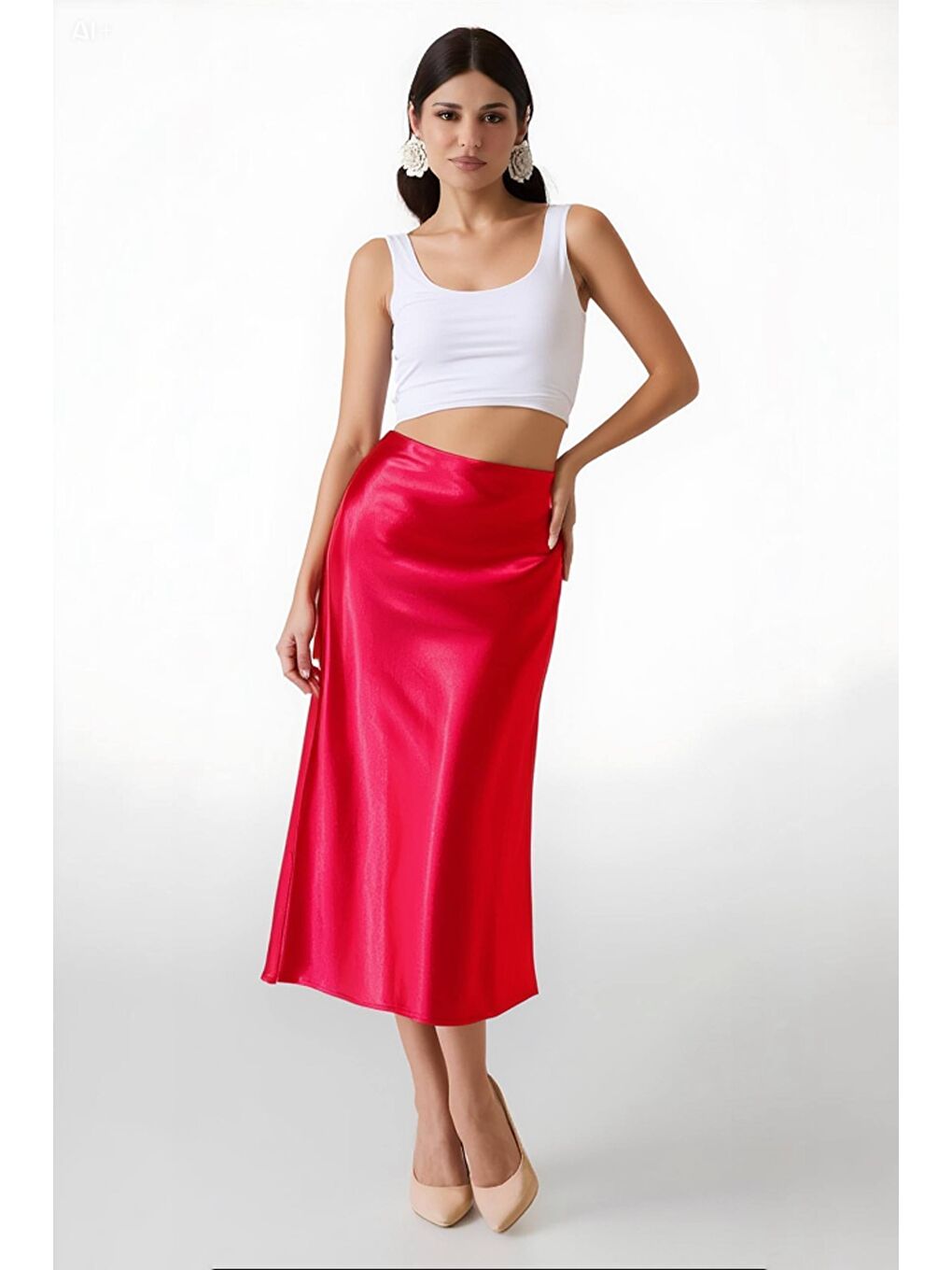 Kadın Kırmızı Saten Yüzeyli Beli Lastikli Midi Boy Etek Hzl23S-BD1101471-1