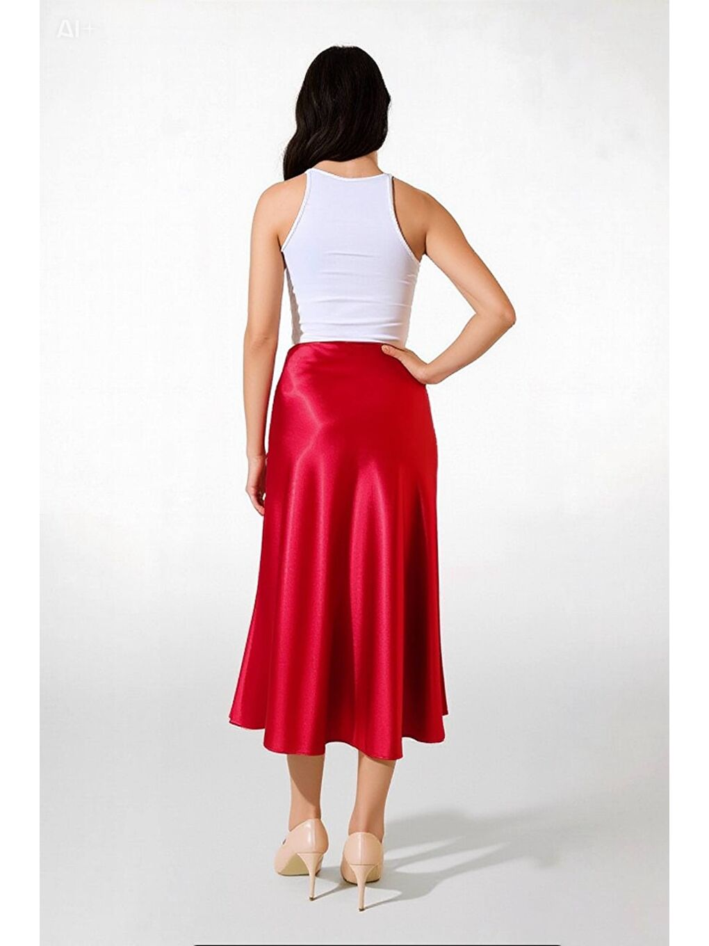 Kadın Kırmızı Saten Yüzeyli Beli Lastikli Midi Boy Etek Hzl23S-BD1101471-2