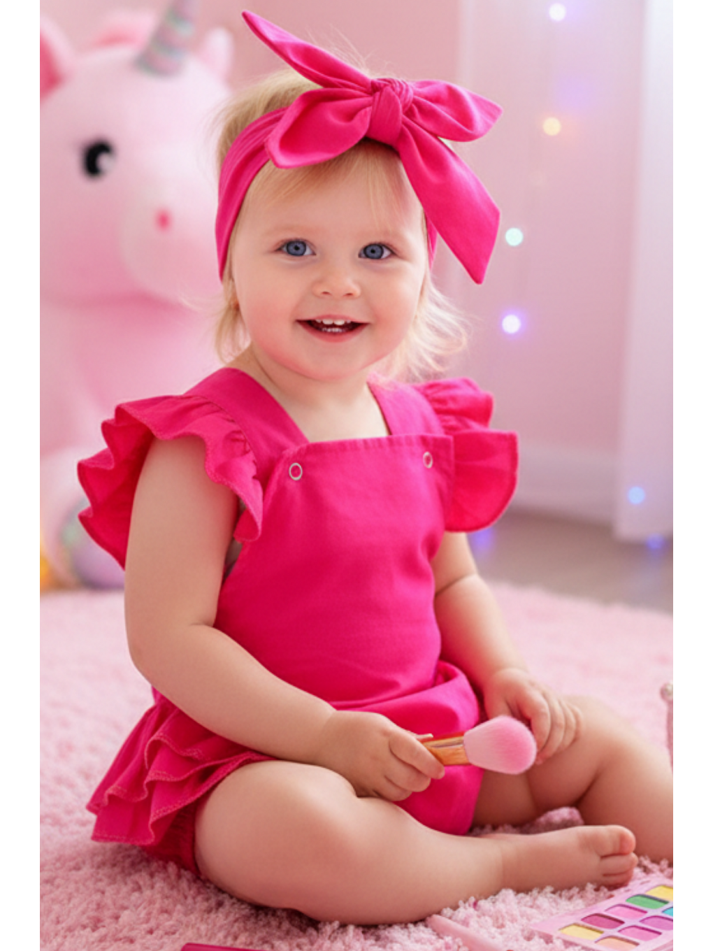Pembe Kız Bebek Fuşya Pamuklu Salopet Ve Bandana Takım