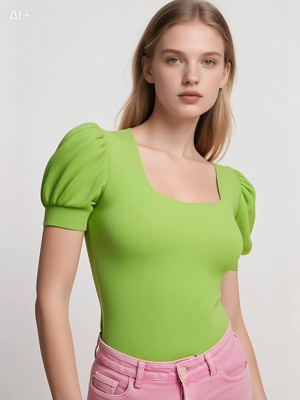 Kadın Fıstık Yeşili Kare Yaka Örme Bluz HZL22W-BD104091-1