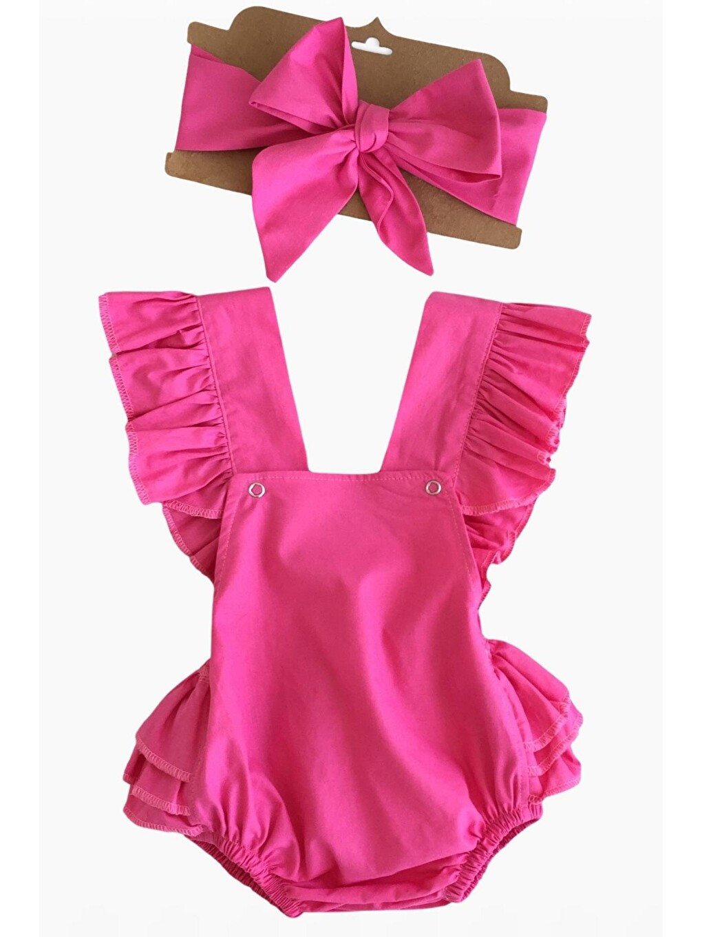Pembe Kız Bebek Fuşya Pamuklu Salopet Ve Bandana Takım-1