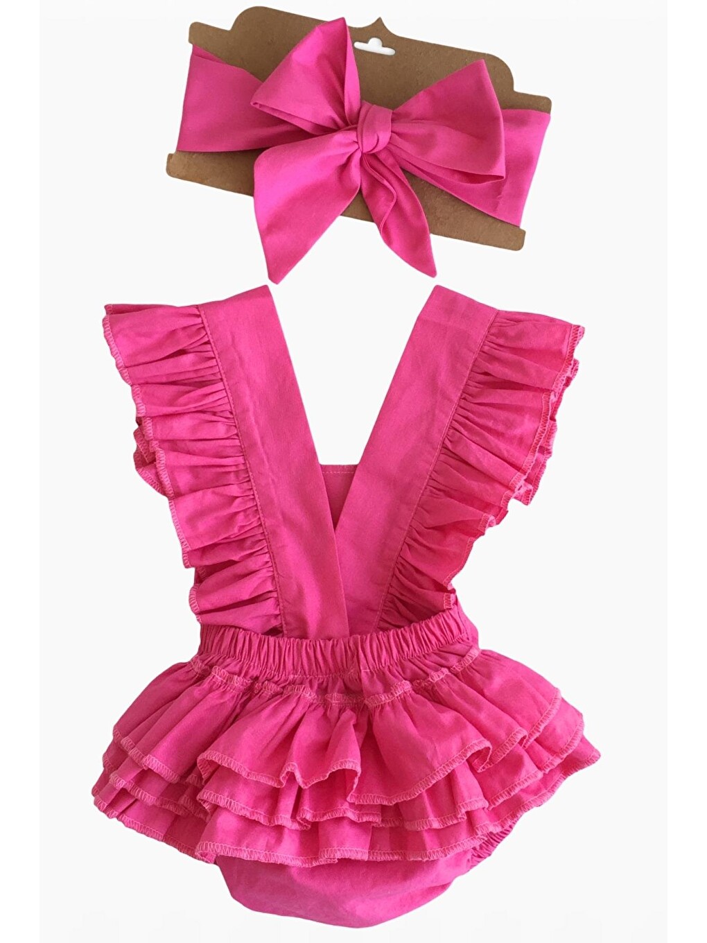 Pembe Kız Bebek Fuşya Pamuklu Salopet Ve Bandana Takım-2