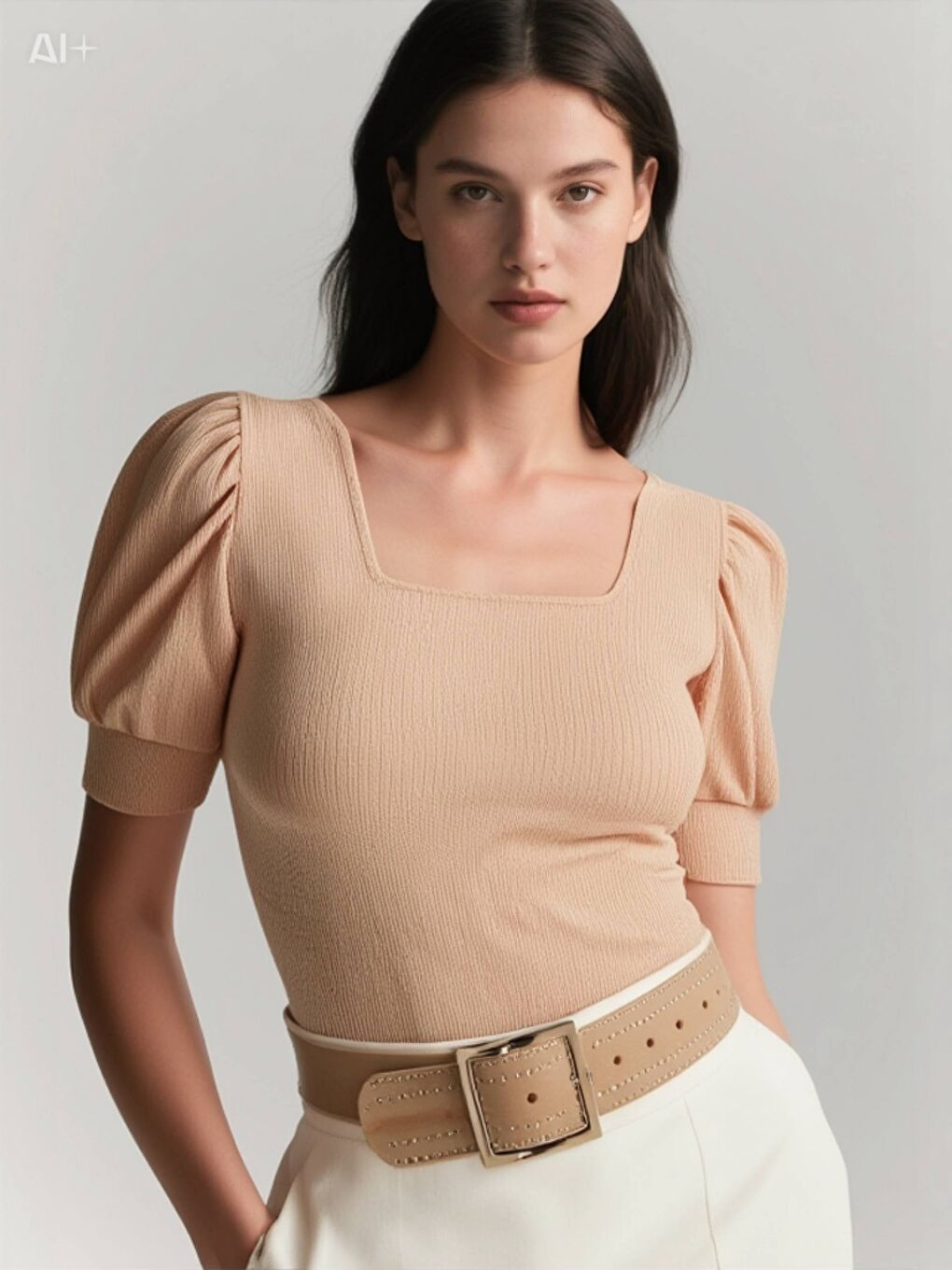 Bej Kadın Bisküvi Kare Yaka Örme Bluz HZL22W-BD104091-1