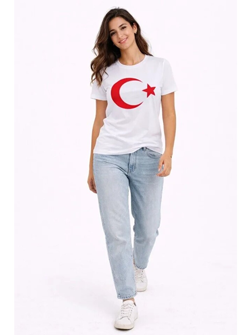 T-shirt Kısa Kol Bisiklet Yaka Ay Yıldız Bayrak Baskılı Tişört - Beyaz-1