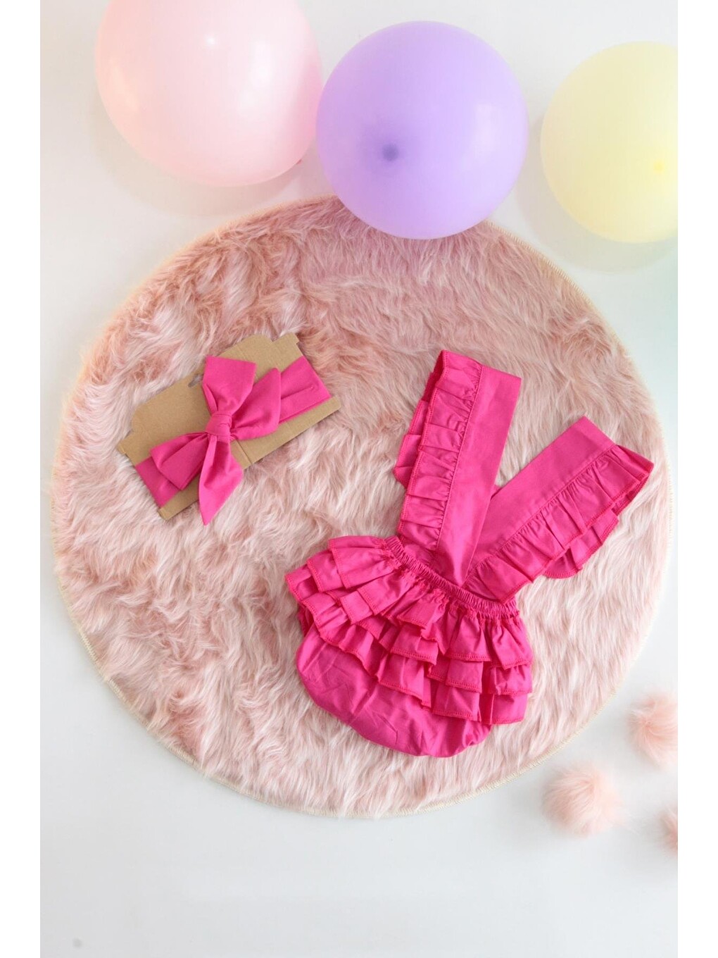 Pembe Kız Bebek Fuşya Pamuklu Salopet Ve Bandana Takım-4