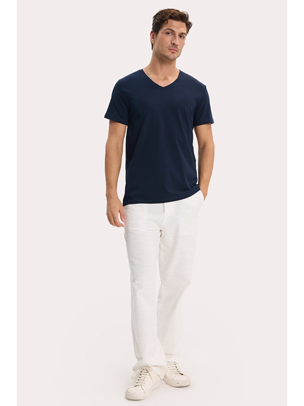 Slim Fit V Yaka Düz Basıc Kısa Kol Lacivert Tişört-1