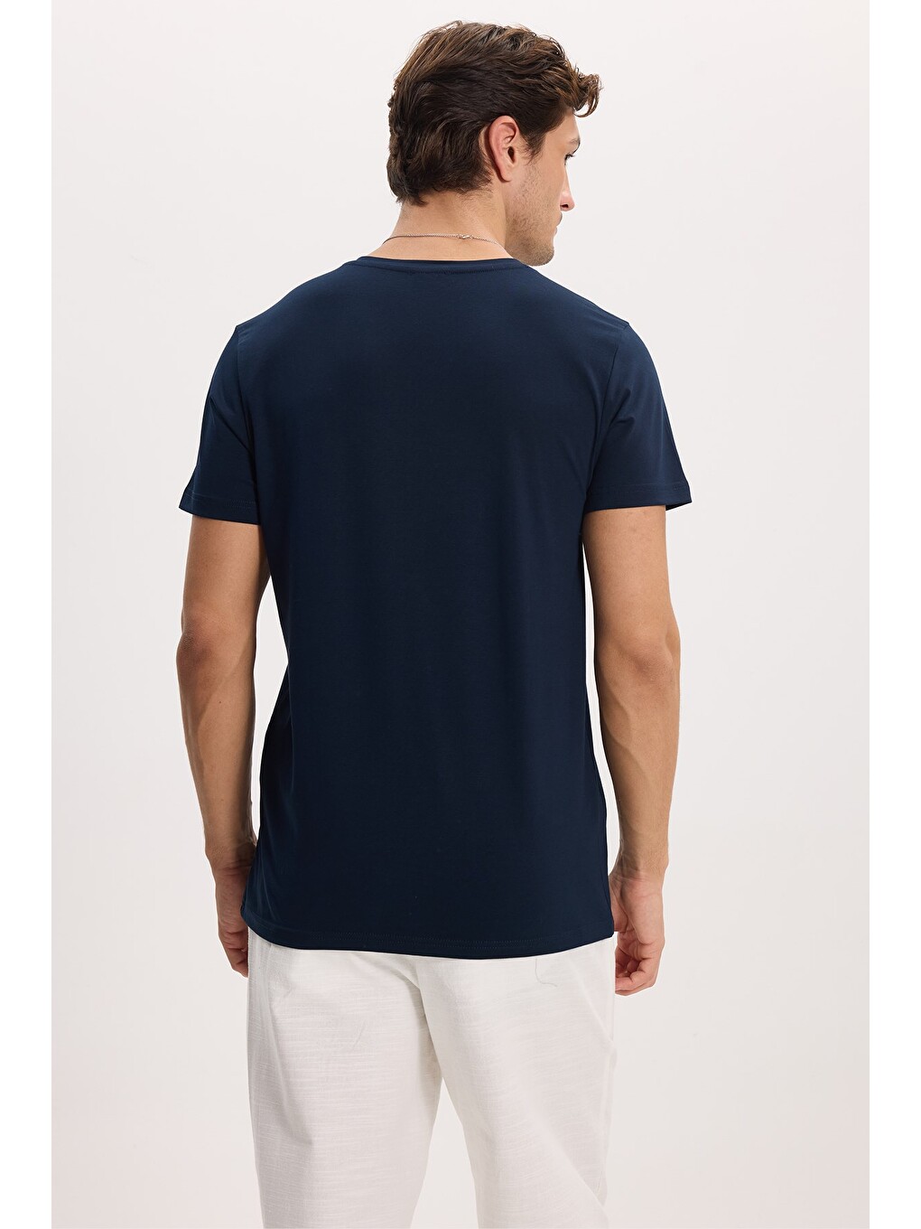 Slim Fit V Yaka Düz Basıc Kısa Kol Lacivert Tişört-7