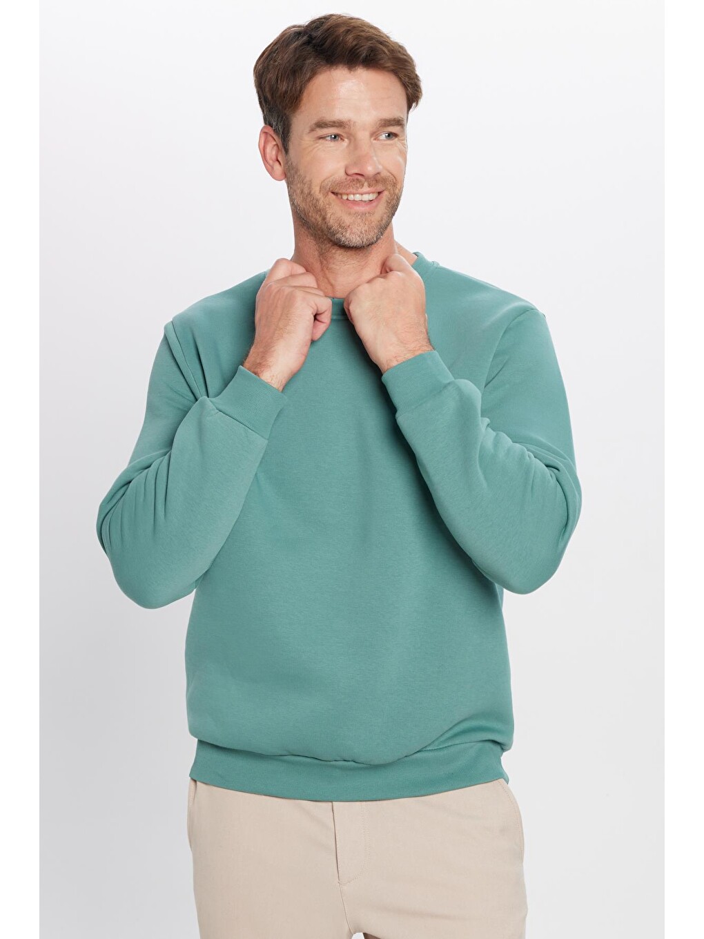 Unisex Relax Fit Rahat Kesim Pamuklu 3 İplik İçi Polarlı Basic Petrol Bisiklet Yaka Sweatshirt-1