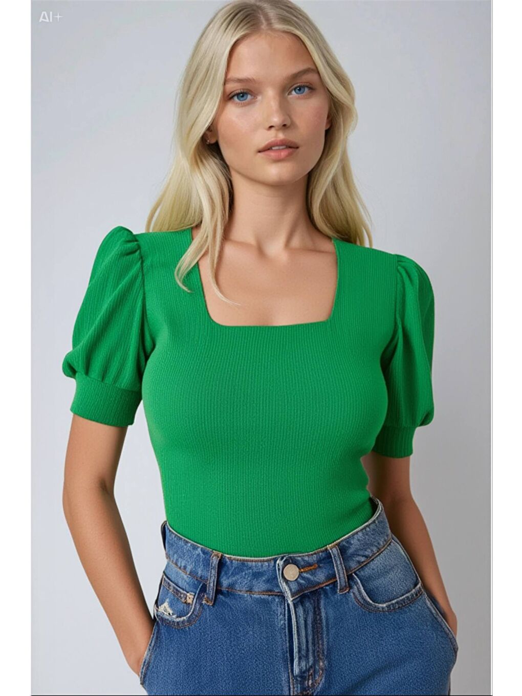 Kadın Yeşil Kare Yaka Örme Bluz HZL22W-BD104091