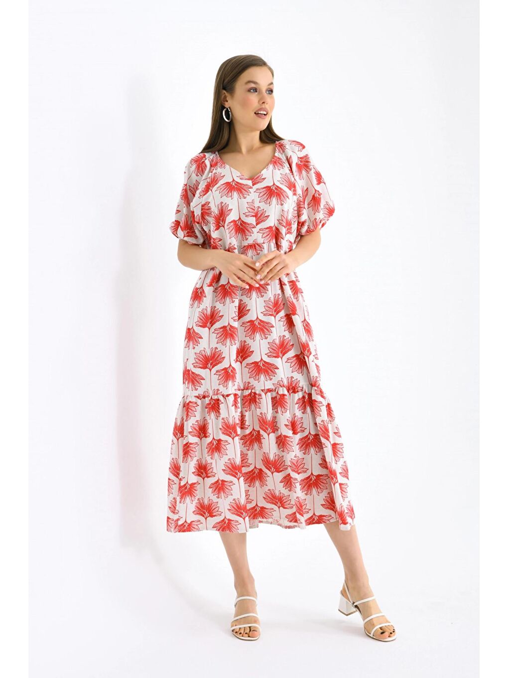 Kırmızı Uzun Boylu Yazlık Elbise-3