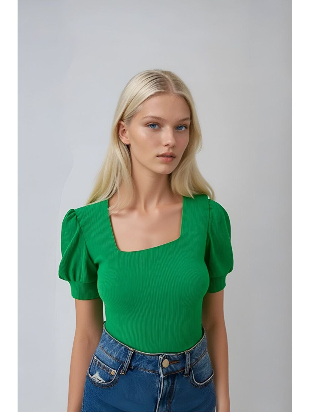 Kadın Yeşil Kare Yaka Örme Bluz HZL22W-BD104091-1
