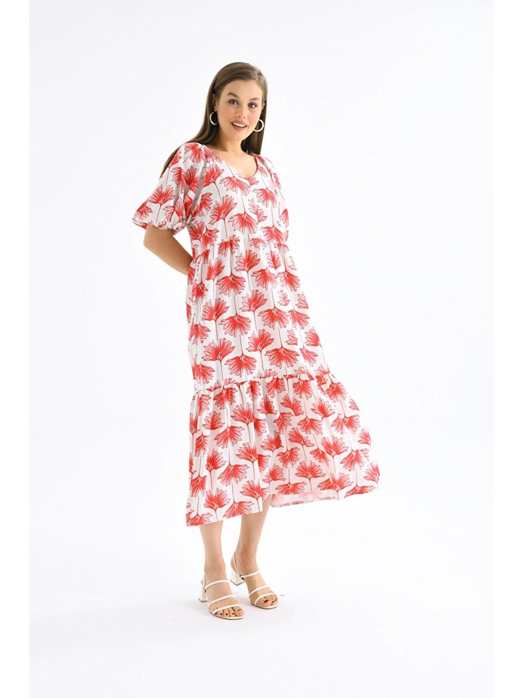 Kırmızı Uzun Boylu Yazlık Elbise-4