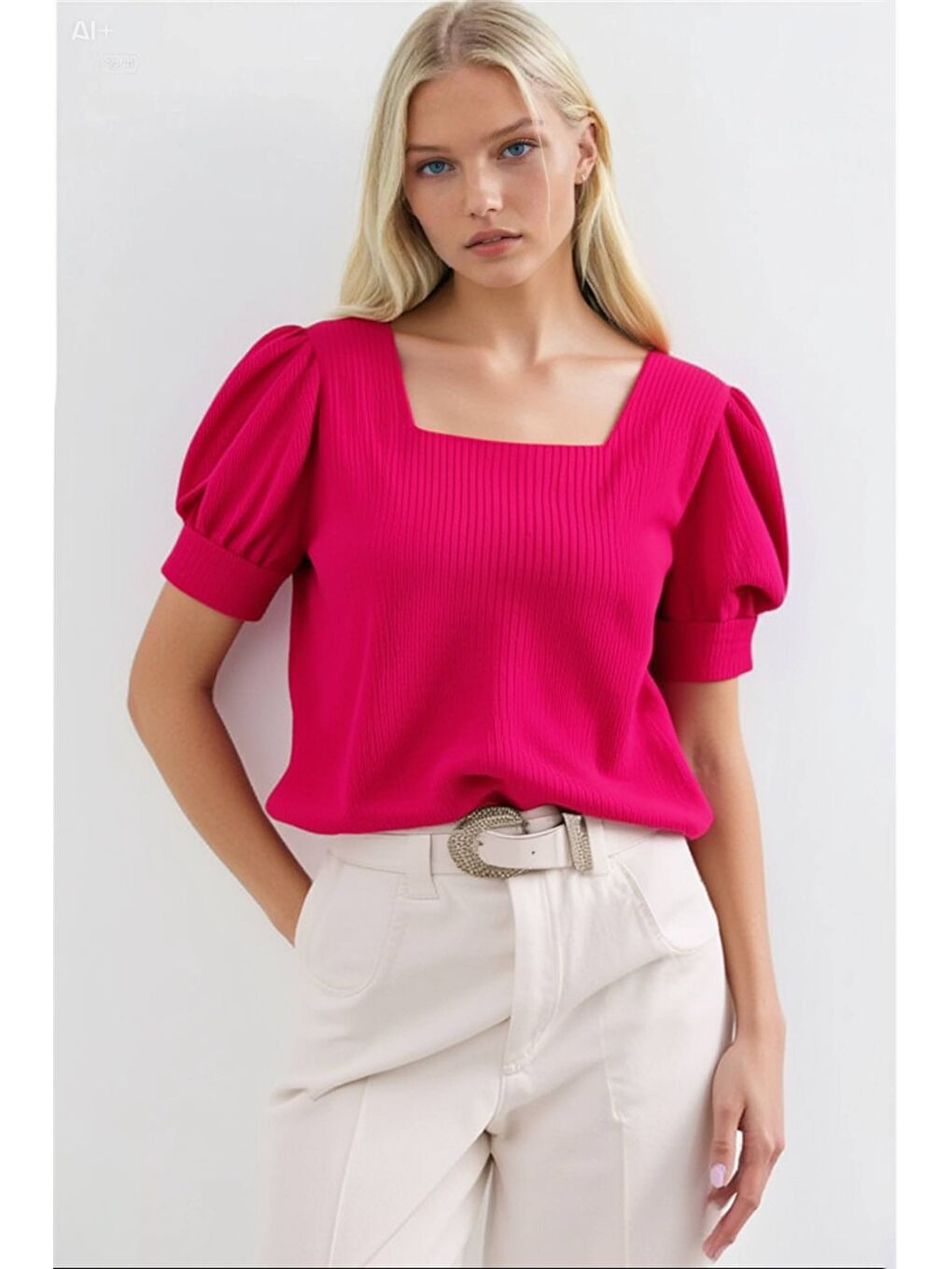 Kadın Fuşya Kare Yaka Örme Bluz HZL22W-BD104091