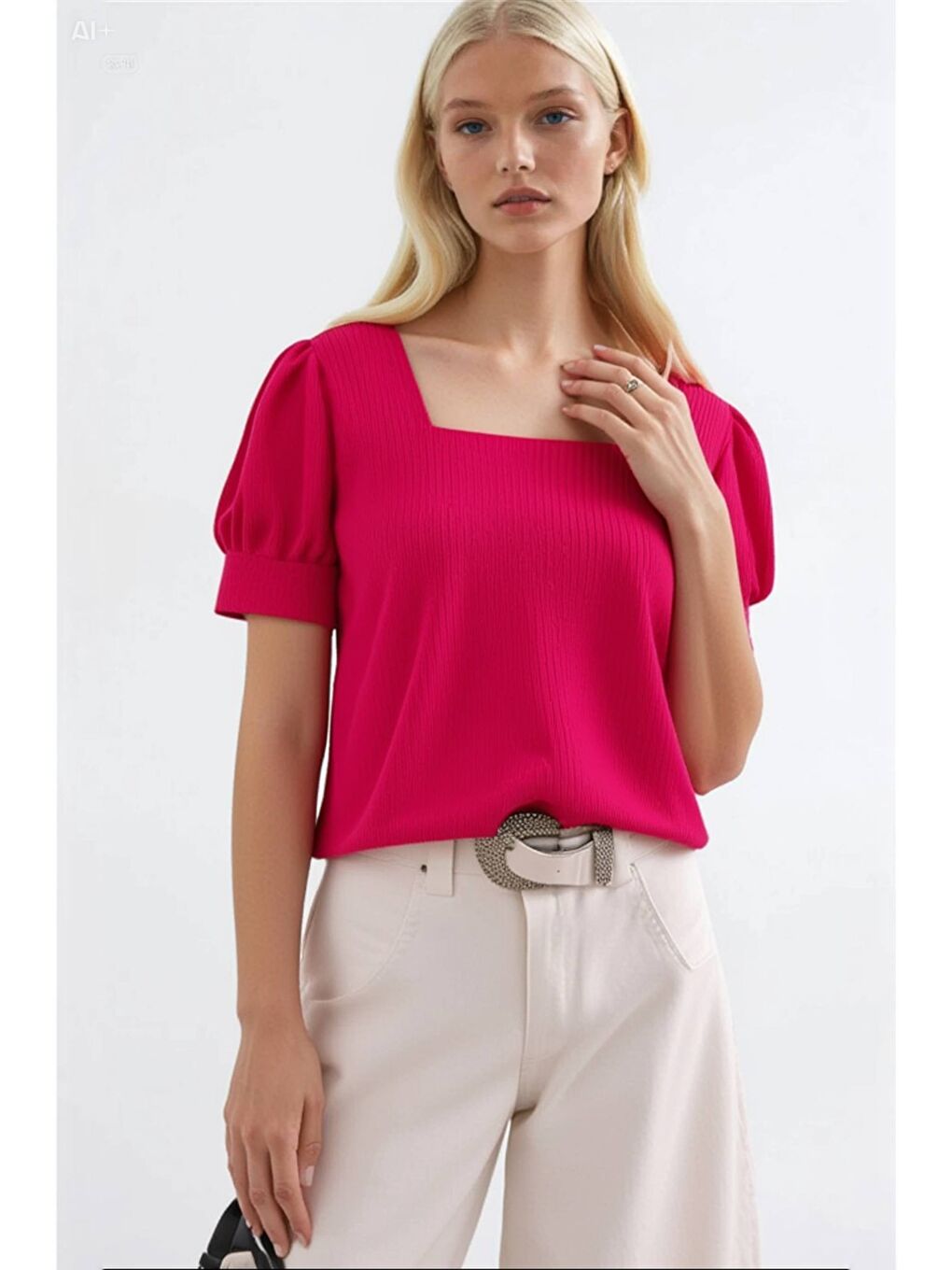 Kadın Fuşya Kare Yaka Örme Bluz HZL22W-BD104091-1