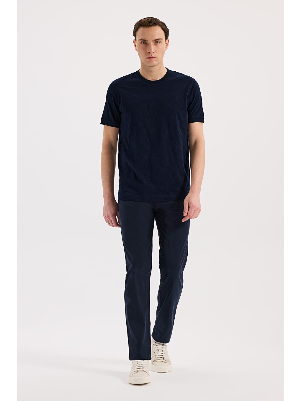 Lacivert Slim Fit Bisiklet Yaka Desenli %100 Pamuk Tişört-1
