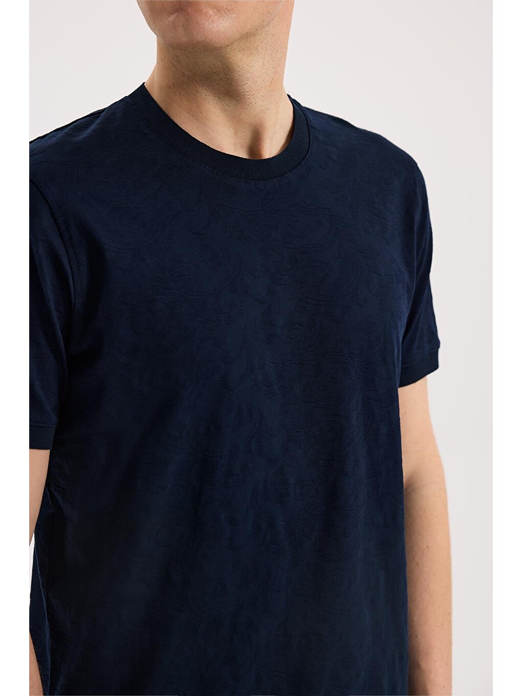 Lacivert Slim Fit Bisiklet Yaka Desenli %100 Pamuk Tişört-2