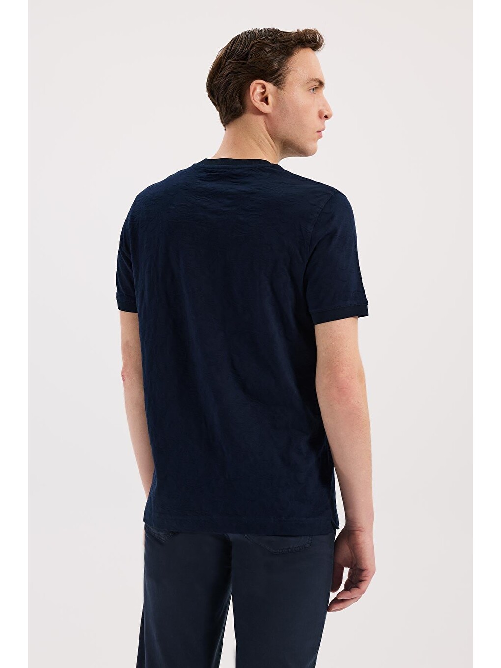 Lacivert Slim Fit Bisiklet Yaka Desenli %100 Pamuk Tişört-3