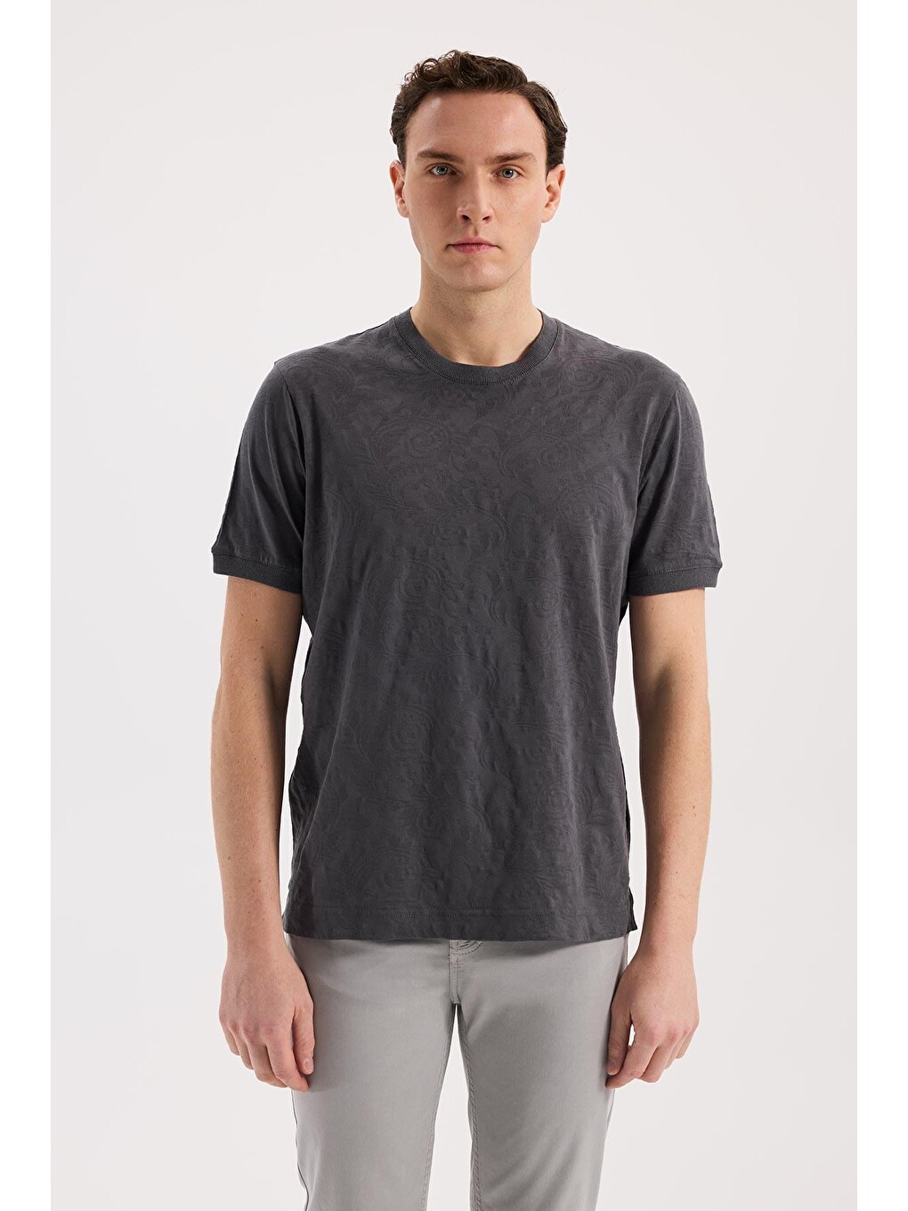 Gri Füme Slim Fit Bisiklet Yaka Desenli %100 Pamuk Tişört