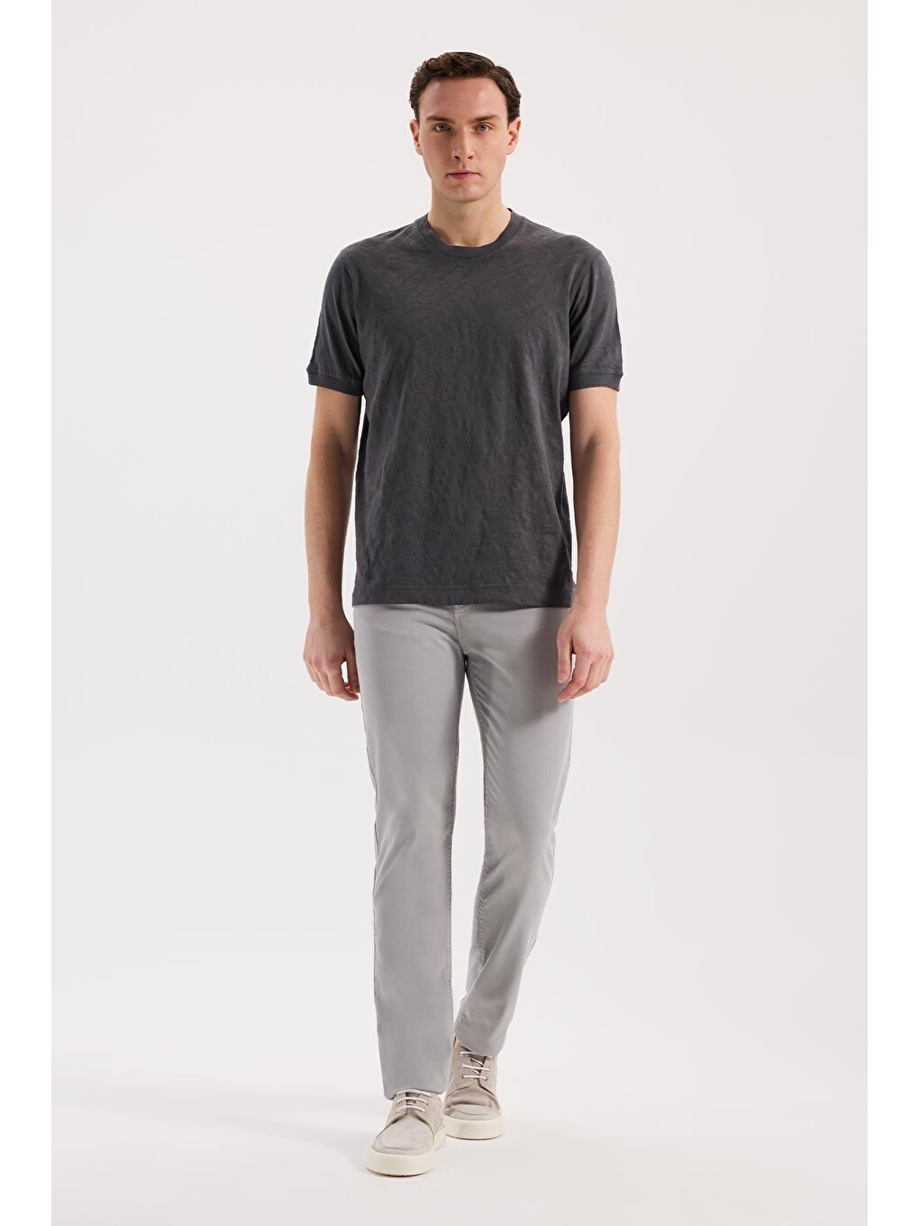 Gri Füme Slim Fit Bisiklet Yaka Desenli %100 Pamuk Tişört-1
